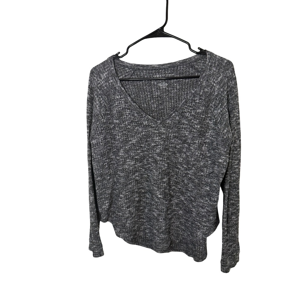 American Eagle Soft & Sexy Plush Gray Marl Waffle Knit V-Neck Long Sleeve Top S